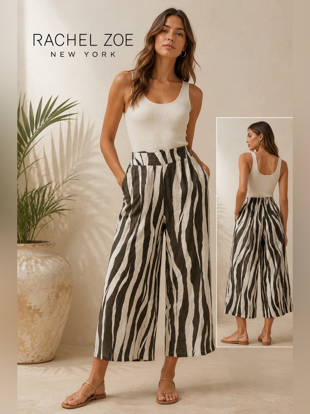 Rachel Zoe Zebra Print Wide Leg Cropped Pants Women’s Small 100% Linen Pull-On